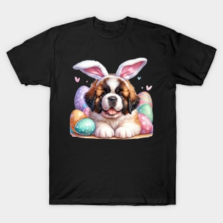 Puppy Saint Bernard Bunny Ears Easter Eggs Happy Easter Day T-Shirt